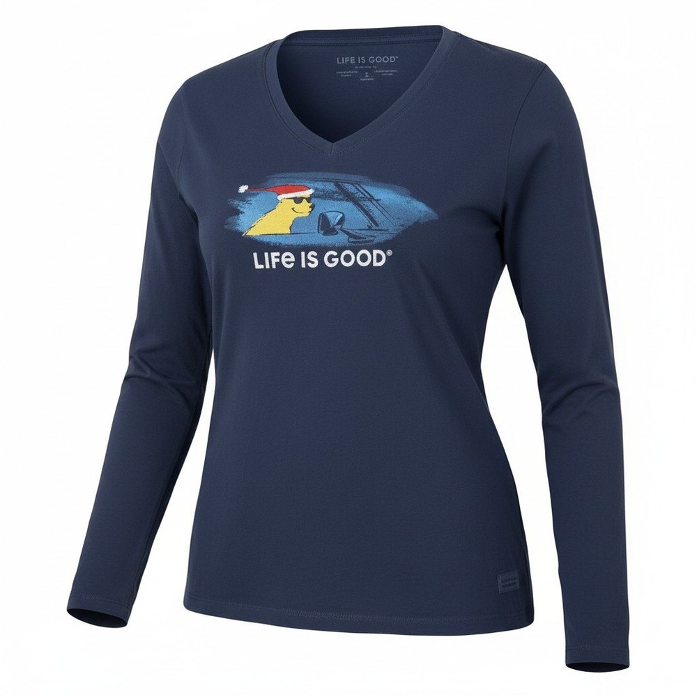 Life is Good Crusher Tee Womens L Blue Christmas Dog Long Sleeve V-Neck Shirt